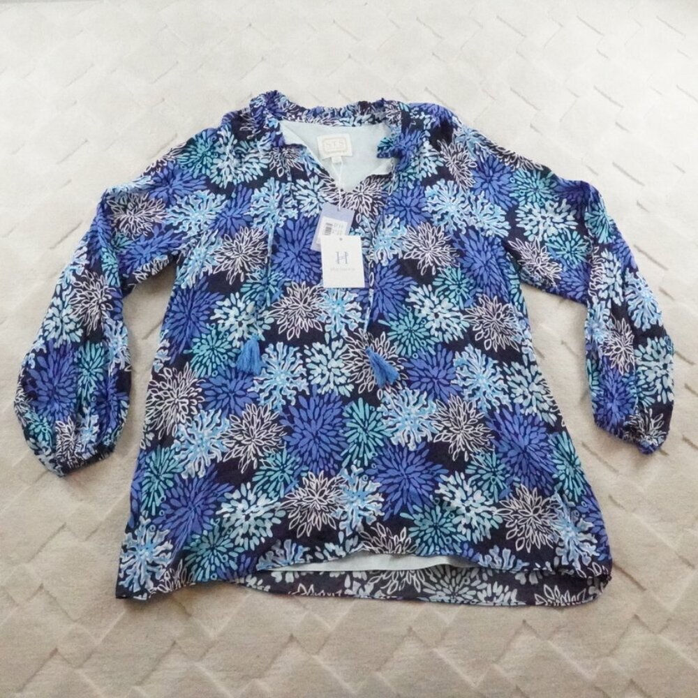 Sail to Sable Blouse Womens Extra Large Blue Floral Tropical Print